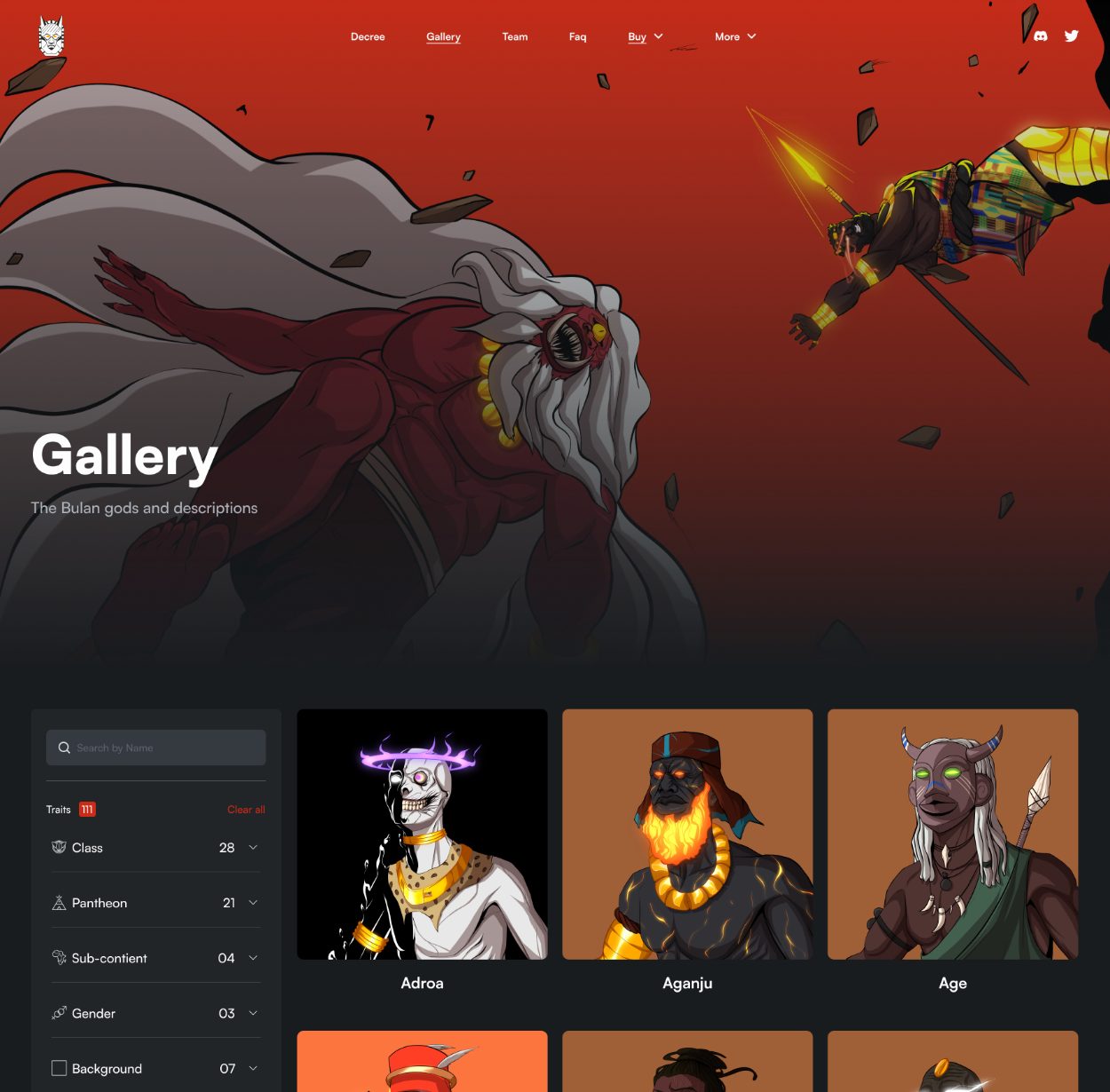 Gallery on desktop: The Bulan gods and lores, filters for each trait down the side and a grid of gods