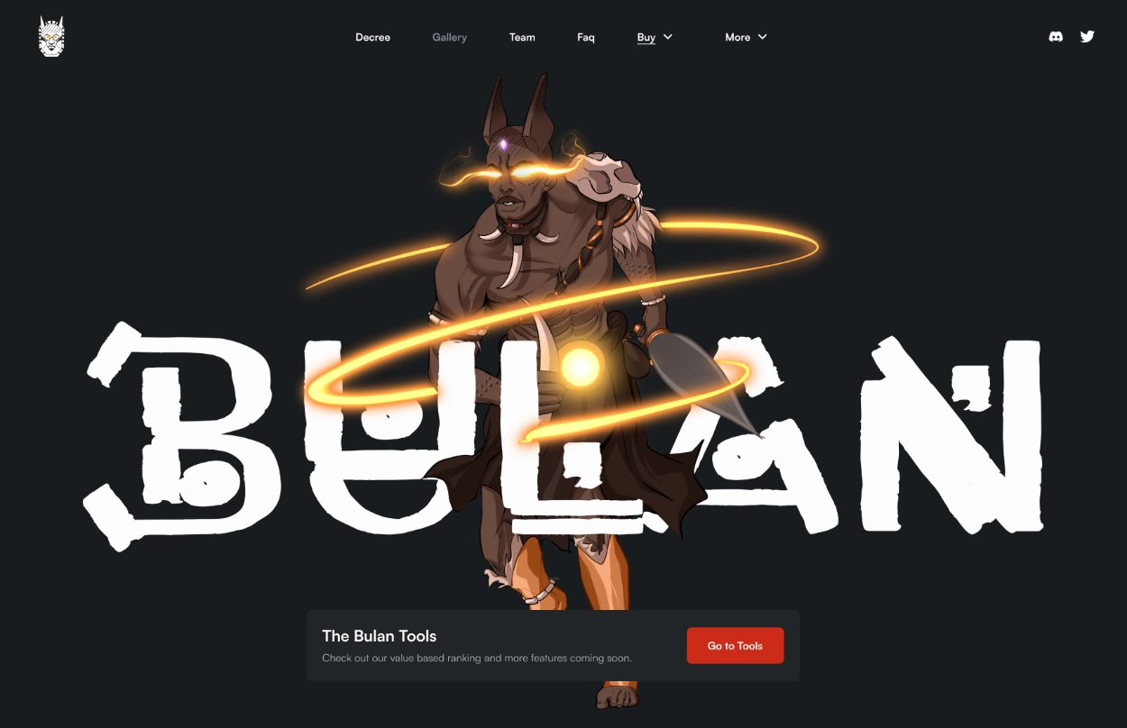 Bulan home on desktop: a horned god with a glowing ring of fire behind the BULAN wordmark, the menu and a Bulan Tools card