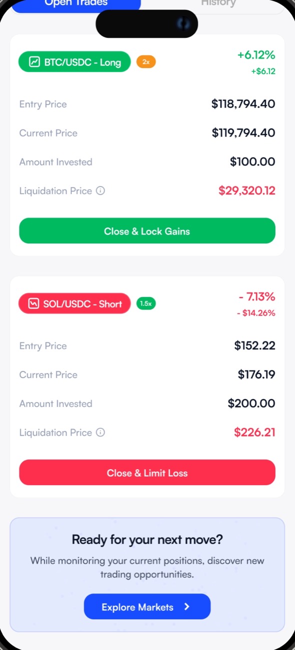 Portfolio, lower half: a losing position with Close & Limit Loss, and a Ready for your next move footer